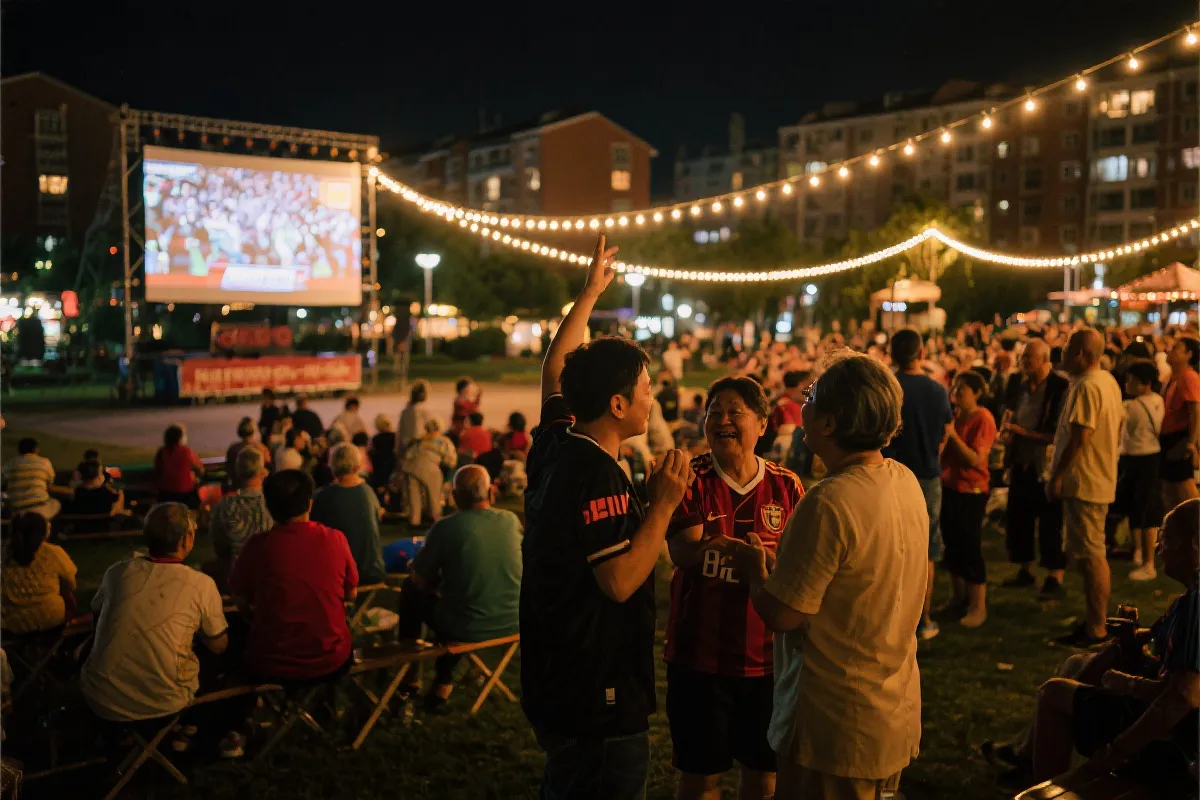 社区广场设置公共观赛区，居民与球迷友好互动的画面